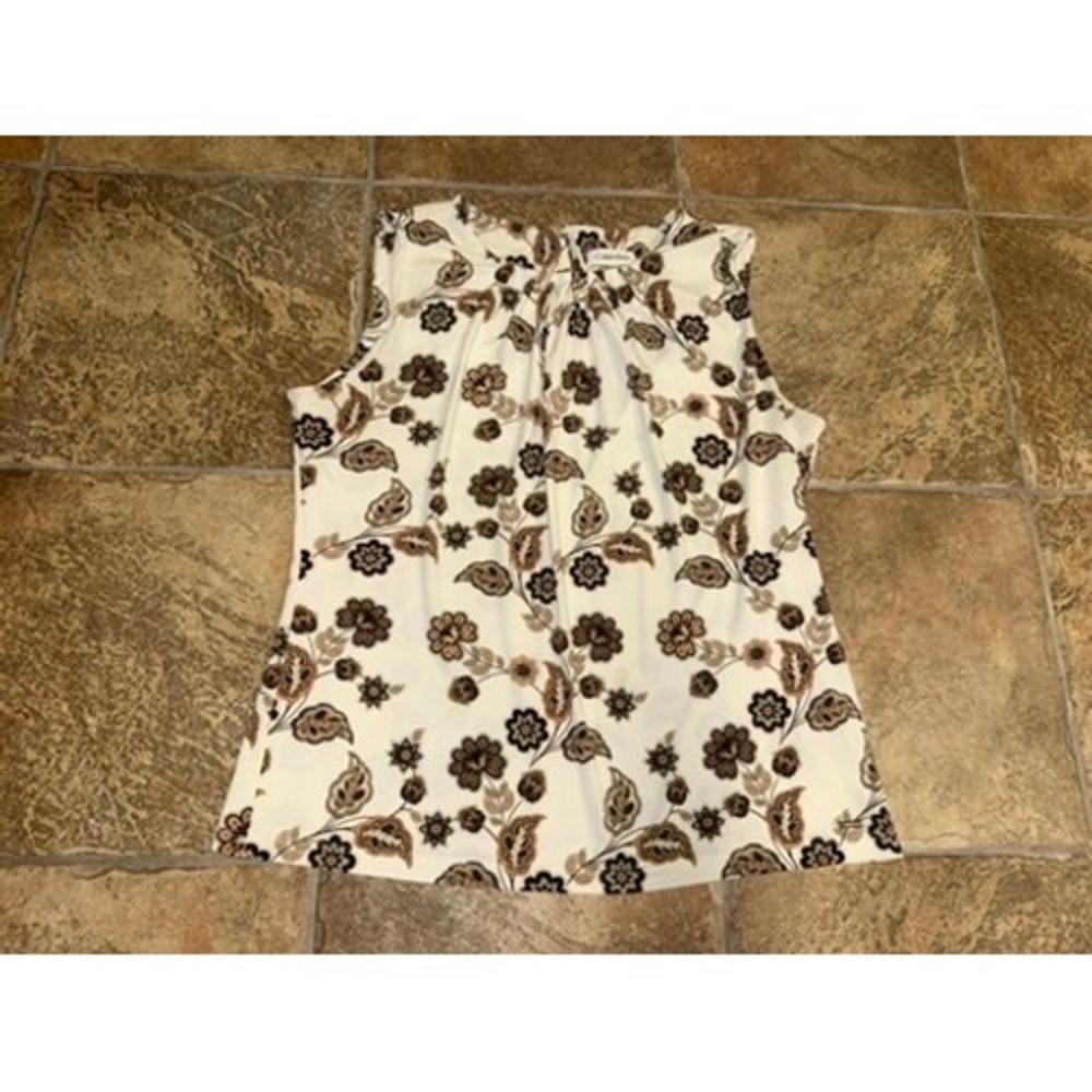 Calvin Klein Womens Floral Sleeveless Pleated Neck Blouse Cream Brown Black L
